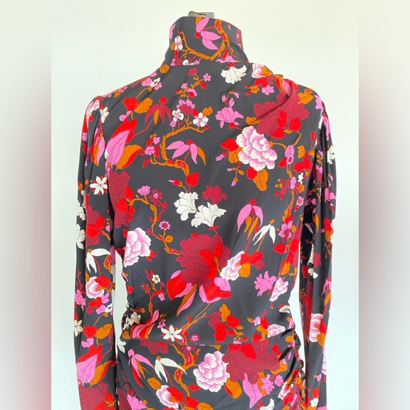 NEW A.L.C. Black Red Floral Print Marcel Mock Neck Ruched Stretch Silk Dress - Picture 5 of 10